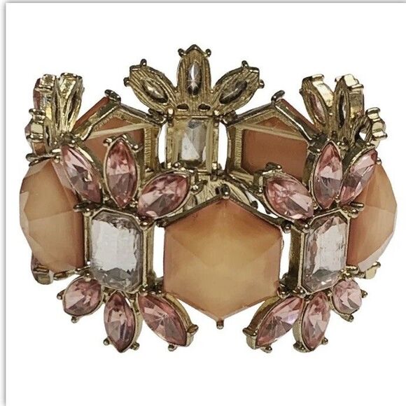 VTG Pink Rhinestone Flower Wide Bracelet 7" Silver Tone Cottagecore Trendy - Picture 9 of 10